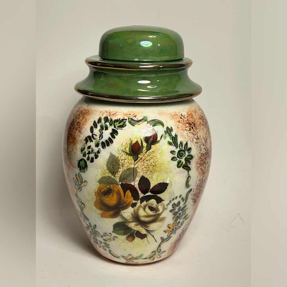 Beautiful Lustre Medium Ginger Jar with Floral Green Design